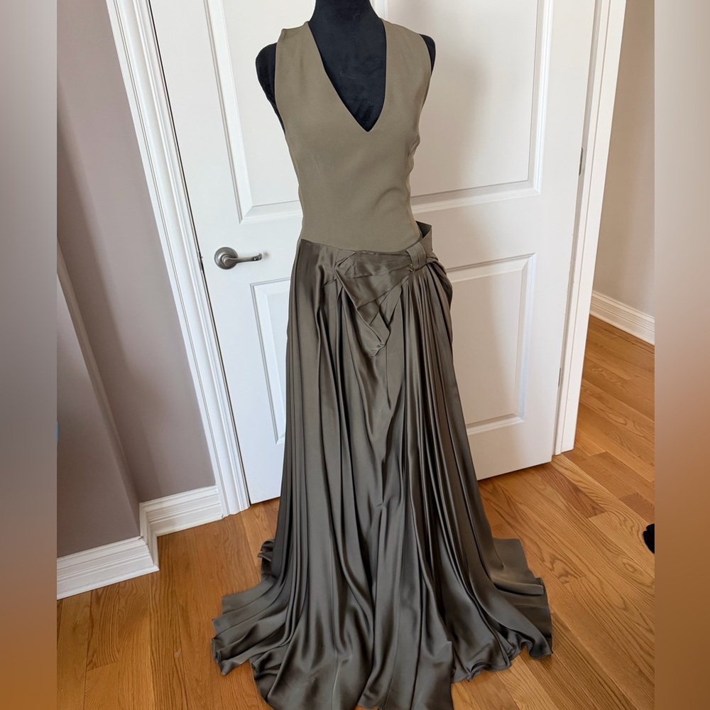 Viktor & Rolf Olive Green Satin Full-Length Pleated Skirt Dress